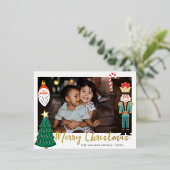 クリスマス ゴールド サンタ ナッツクラッカー かわいい家族写真 箔招待状ポストカード (立ち正面)