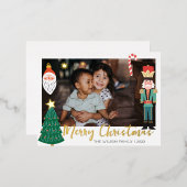 クリスマス ゴールド サンタ ナッツクラッカー かわいい家族写真 箔招待状ポストカード (正面/裏面)