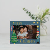 クリスマス ゴールド サンタ ナッツクラッカー かわいい家族写真 箔招待状ポストカード (立ち正面)