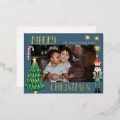 クリスマス ゴールド サンタ ナッツクラッカー かわいい家族写真 箔招待状ポストカード (正面/裏面)