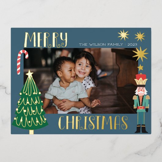 クリスマス ゴールド サンタ ナッツクラッカー かわいい家族写真 箔招待状ポストカード (正面)