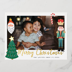 クリスマス ゴールド サンタ ナッツクラッカー かわいい ファミリー フォト 箔招待状ポストカード