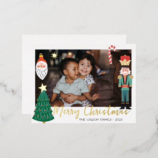 クリスマス ゴールド サンタ ナッツクラッカー かわいい ファミリー フォト 箔招待状ポストカード (正面/裏面)