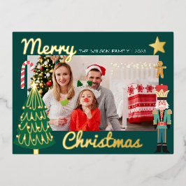 クリスマス ゴールド サンタ ナッツクラッカー かわいい ファミリー フォト 箔招待状ポストカード