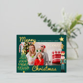クリスマス ゴールド サンタ ナッツクラッカー かわいい ファミリー フォト 箔招待状ポストカード (立ち正面)