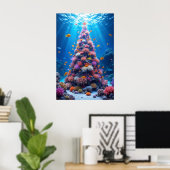 クリスマス サンゴツリーの周りを泳ぐ熱帯魚 ポスター (ホームオフィス)