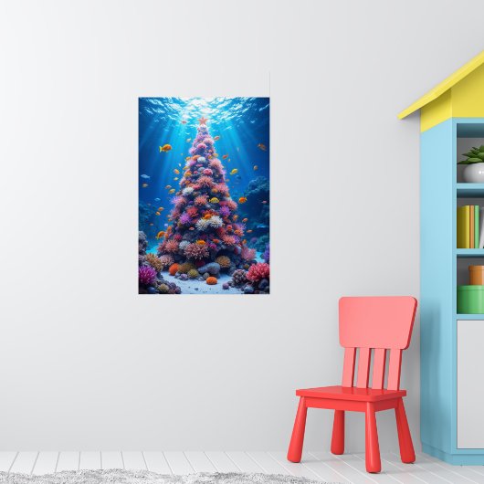 クリスマス サンゴツリーの周りを泳ぐ熱帯魚 ポスター (子ども部屋1)