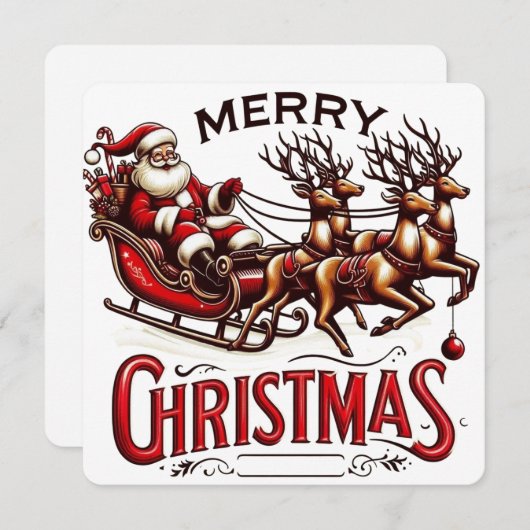 クリスマス サンタのスレーとトナカイ ヴィンテージ 招待状 (正面/裏面)