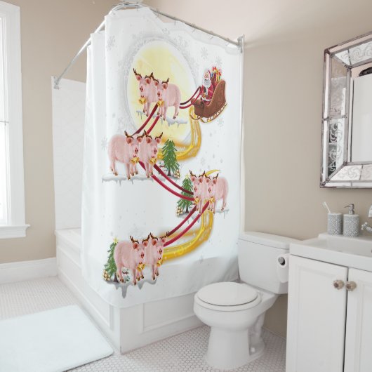 クリスマス・サンタクロース豚の子供たち女の子に乗馬 シャワーカーテン (インサイチュ)