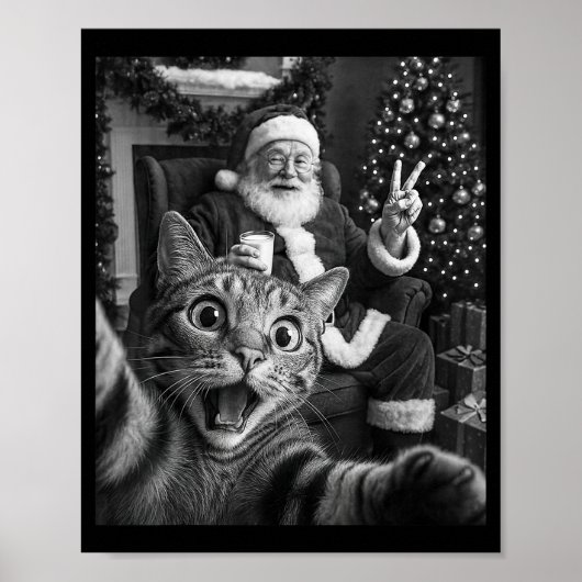 クリスマス サンタクロース メリークリスマス おもしろ猫 自撮り ポスター (正面)