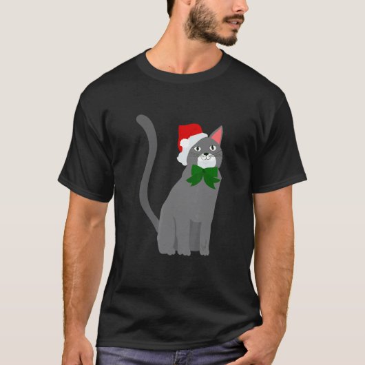 クリスマス サンタクロース 帽子 グレー 猫 Tシャツ (正面)