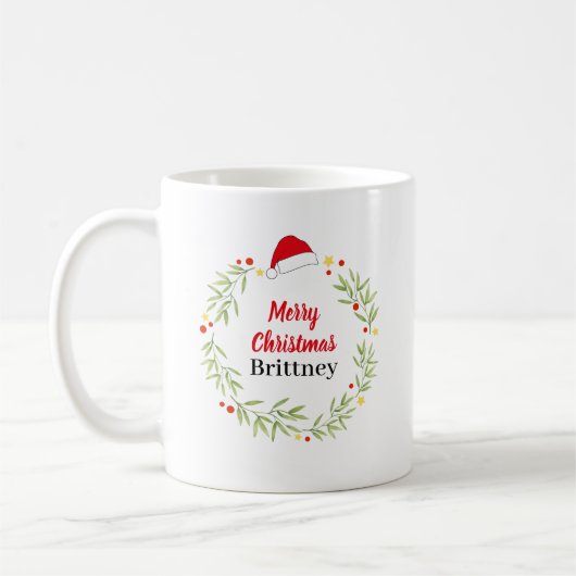 クリスマス サンタ帽子のリース パーソナライズド コーヒーマグカップ (左)