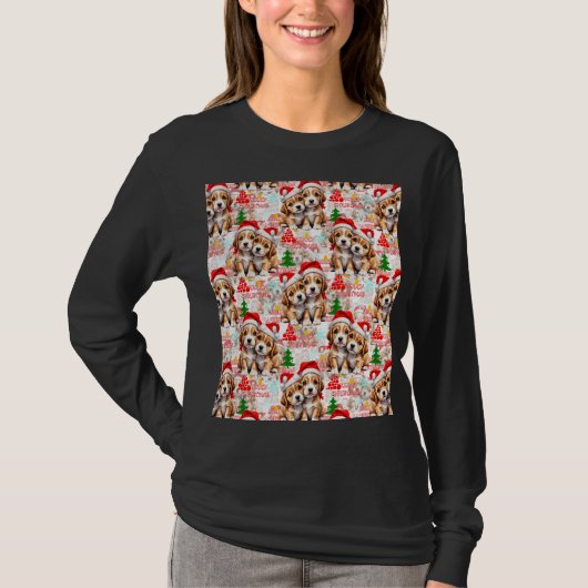 クリスマス サンタ帽子の犬のデザイン - 白 Tシャツ (正面)