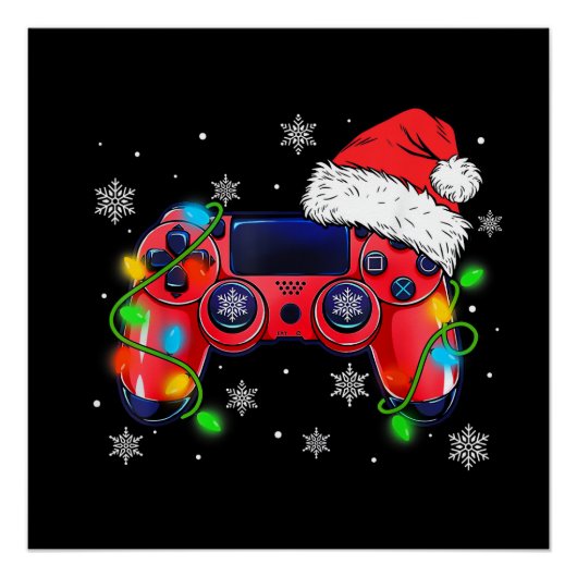 クリスマス サンタ帽子 ゲーマー ゲームコントローラー ボー ポスター (正面)