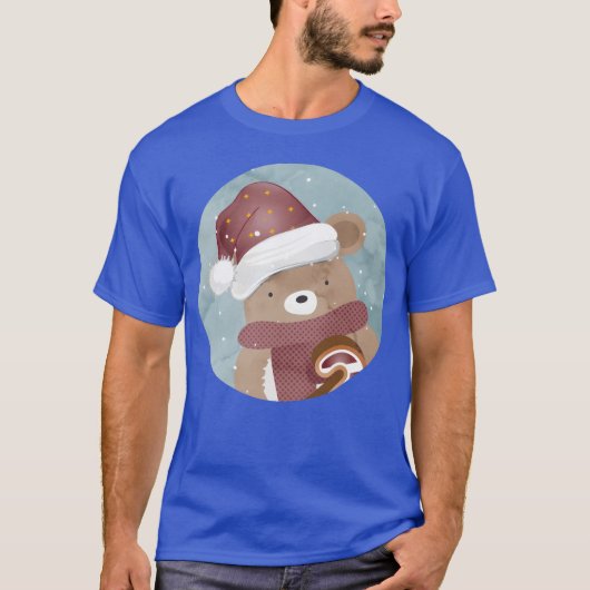 クリスマス+サンタ帽子+レトロ調のかわいいくま Tシャツ (正面)