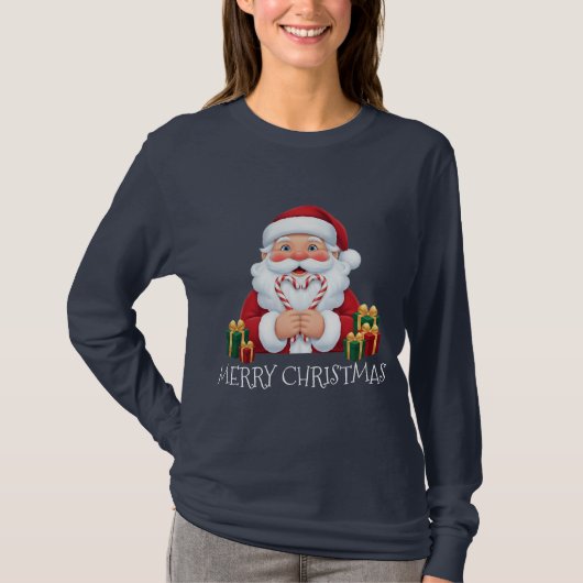 クリスマス サンタ キャンディケイン ハート Tシャツ (正面)