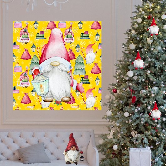 クリスマス サンタ グノームと黄色い模様の背景 ポスター