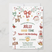 クリスマス サンタ ジョリー グッド タイム 1歳 誕生日パーティー 招待状 (正面)