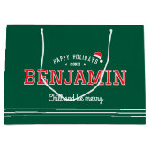 クリスマス サンタ ハット 名前 タイポグラフィー 緑 赤 ラージペーパーバッグ (正面)