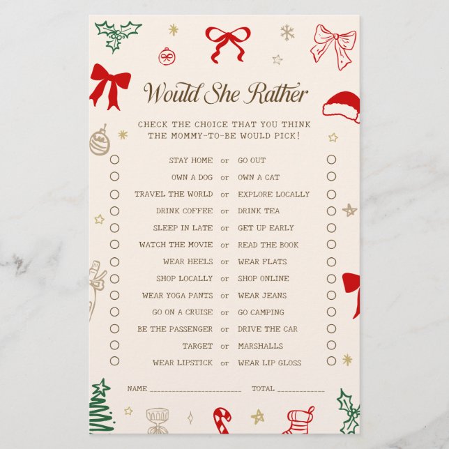 クリスマス サンタ ベビーシャワー Would She Rather ゲーム (正面)