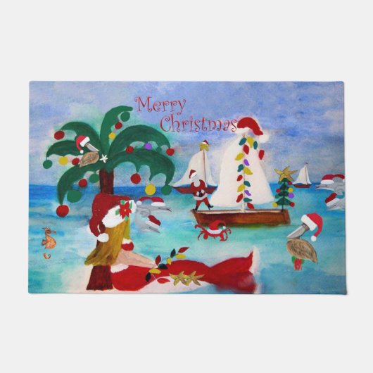 クリスマス サンタ マーメイド 海岸 ボート パレード ドアマット (正面)