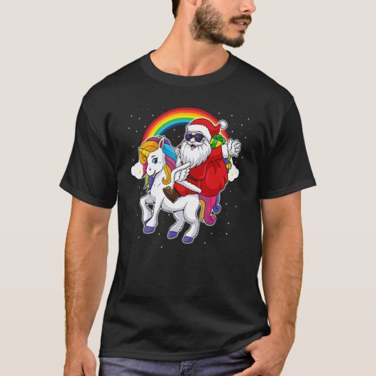 クリスマス サンタ ユニコーン 乗る 可愛い 虹色 Xmas C Tシャツ (正面)