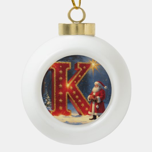 クリスマス サンタ 個人名入れイニシャル K セラミックボールオーナメント (正面)