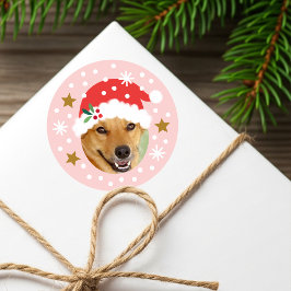 クリスマス サンタ 面白い顔 カスタム写真 ピンク ラウンドシール