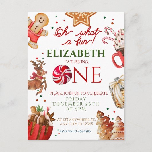 クリスマス サンタ  鹿 なんて楽しい1歳の誕生日 ポストカード (正面)