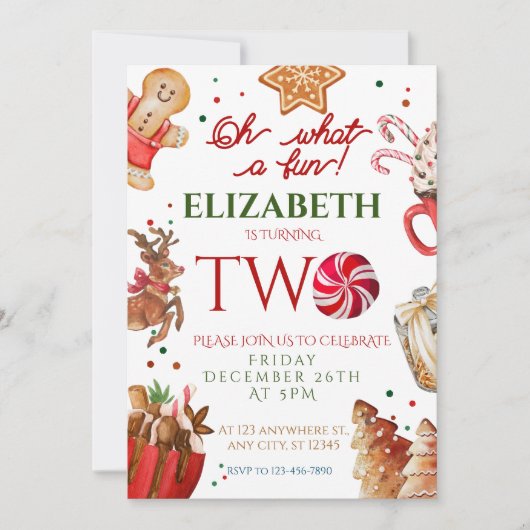 クリスマス サンタ 鹿 楽しい2歳の誕生日 招待状 (正面)