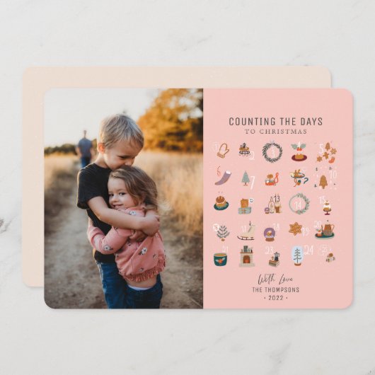 クリスマス・サーモン・ピンクの写真に日を数えるシックな人 シーズンカード (正面/裏面)