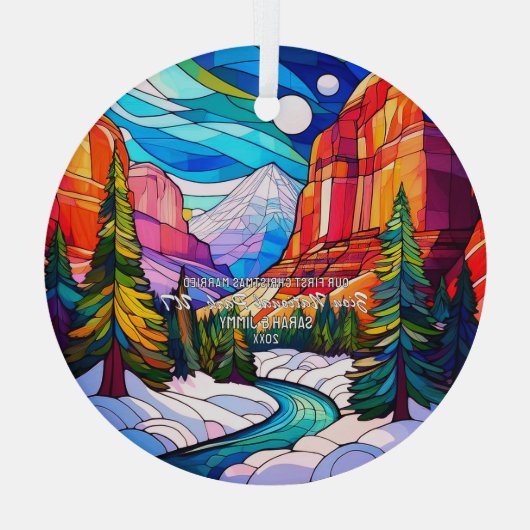 クリスマス・シオン・ユタのステンドグラス結婚したカップル ガラスオーナメント (裏面)