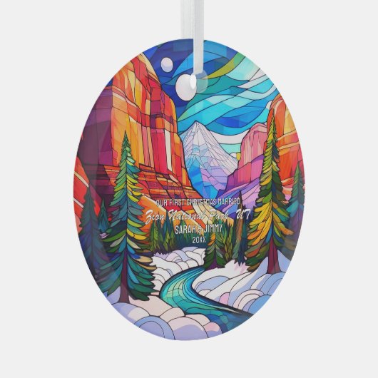 クリスマス・シオン・ユタのステンドグラス結婚したカップル ガラスオーナメント (正面右)