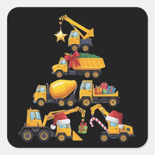 クリスマス+ショベルカー+建設トラック+ツリー スクエアシール (正面)