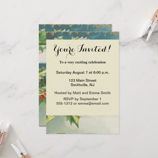 クリスマス シーン ホリー 雪 冬 招待状 (正面/裏面インサイチュ)