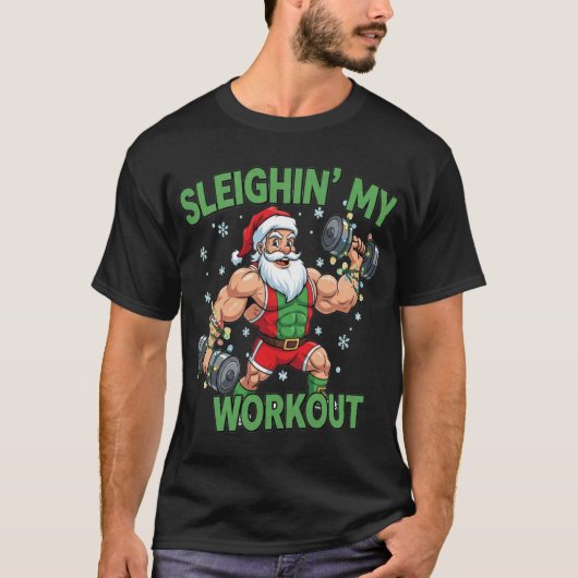 クリスマス ジム ジョーク トレーニング中 サンタのそり Tシャツ (正面)