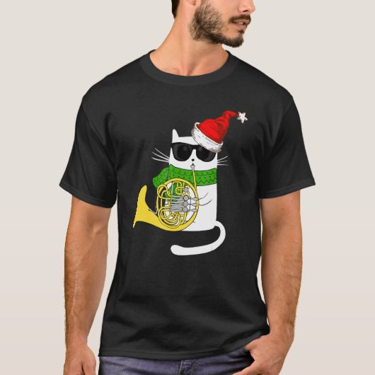 クリスマス ジャズ 猫 フルート演奏 Tシャツ (正面)