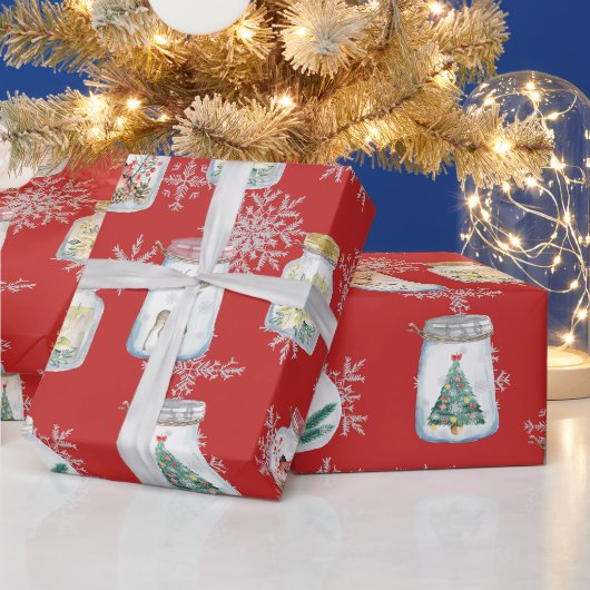 クリスマス ジャーと雪の結晶 赤 ラッピングペーパー (クリスマス)