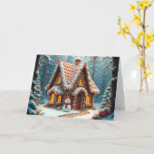 クリスマス・ジンジャーパンコテージと雪だるま カード (黄色い花)