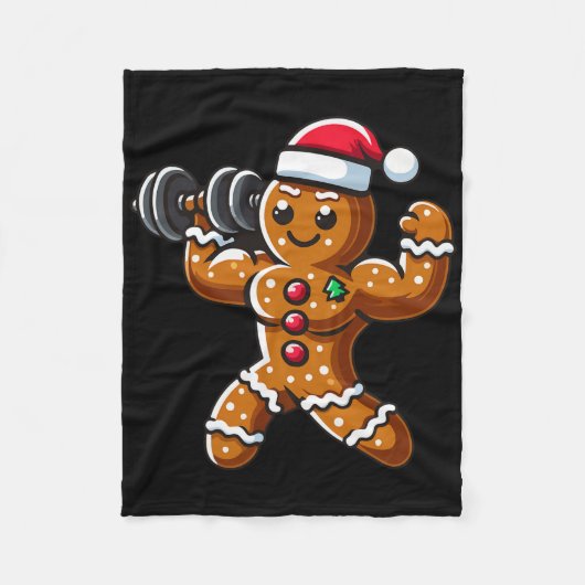 クリスマス ジンジャーブレッド ウェイトリフティング マン ワークアウト ボー フリースブランケット (正面)