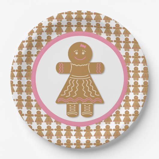 クリスマス・ジンジャーブレッド・ガール・ホワイトとピンク ペーパープレート (正面)