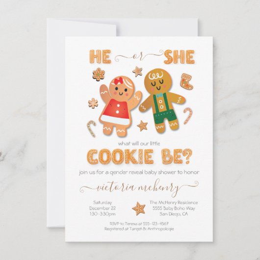 クリスマス・ジンジャーブレッド・クッキー性別がシャワーを明らかにする 招待状 (正面)