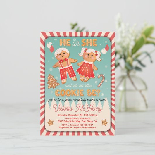 クリスマス・ジンジャーブレッド・クッキー性別がシャワーを明らかにする 招待状 (スタンド正面)