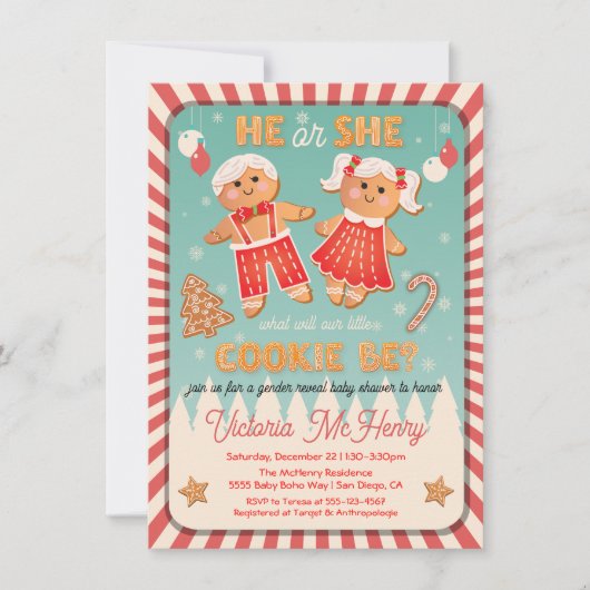 クリスマス・ジンジャーブレッド・クッキー性別がシャワーを明らかにする 招待状 (正面)