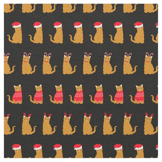 クリスマス・ジンジャー猫サンタ帽子の模様（黒） ファブリック (クローズアップ)
