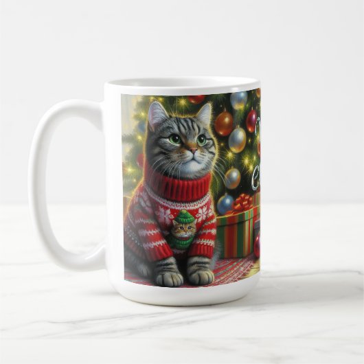 クリスマス・スウェーターを着たかわいい猫 コーヒーマグカップ (左)