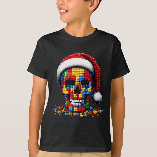 クリスマス スカル サンタ 帽子 ブロック レンガ マスター ビルダー Tシャツ (正面)