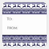 クリスマス、スカンジナビアフォークブルー&ホワイトギフトラベル スクエアシール (正面)