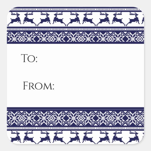 クリスマス、スカンジナビアフォークブルー&ホワイトギフトラベル スクエアシール (正面)