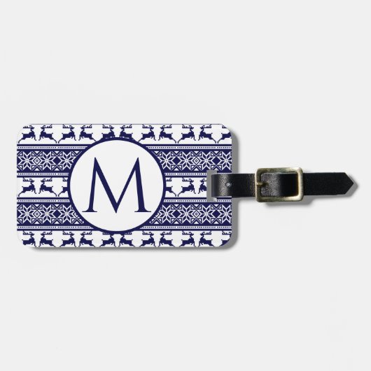 クリスマス、スカンジナビアフォークブルー&ホワイト ラゲッジタグ (正面横)